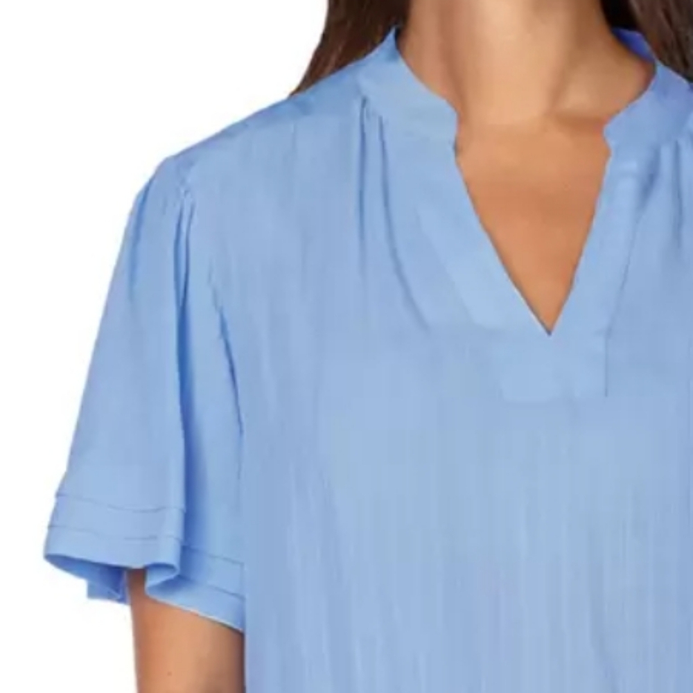 Well Worn Women's Blue Cuffed Ruffle Sleeve V-Neck Top - Picture 3 of 8